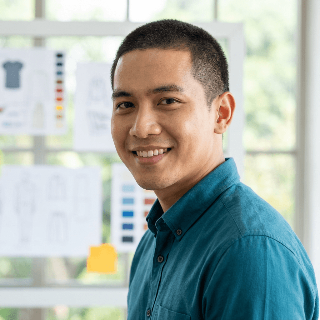 Portrait of an Asian man in a navy henley, slight smile, soft daylight, living room with drywall in progress, documentary photo