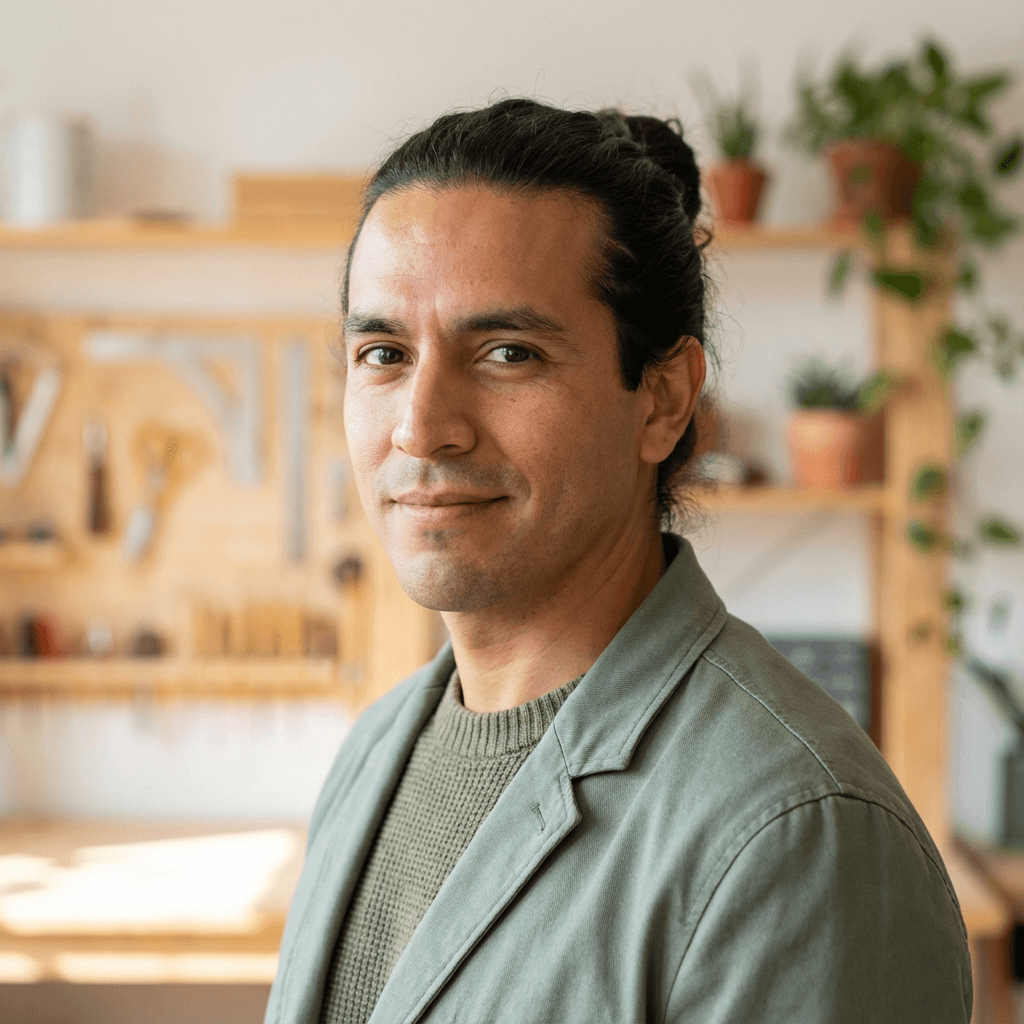 Portrait of a Latino man with short dark hair and a light beard, gray work jacket, garage daylight, documentary photo