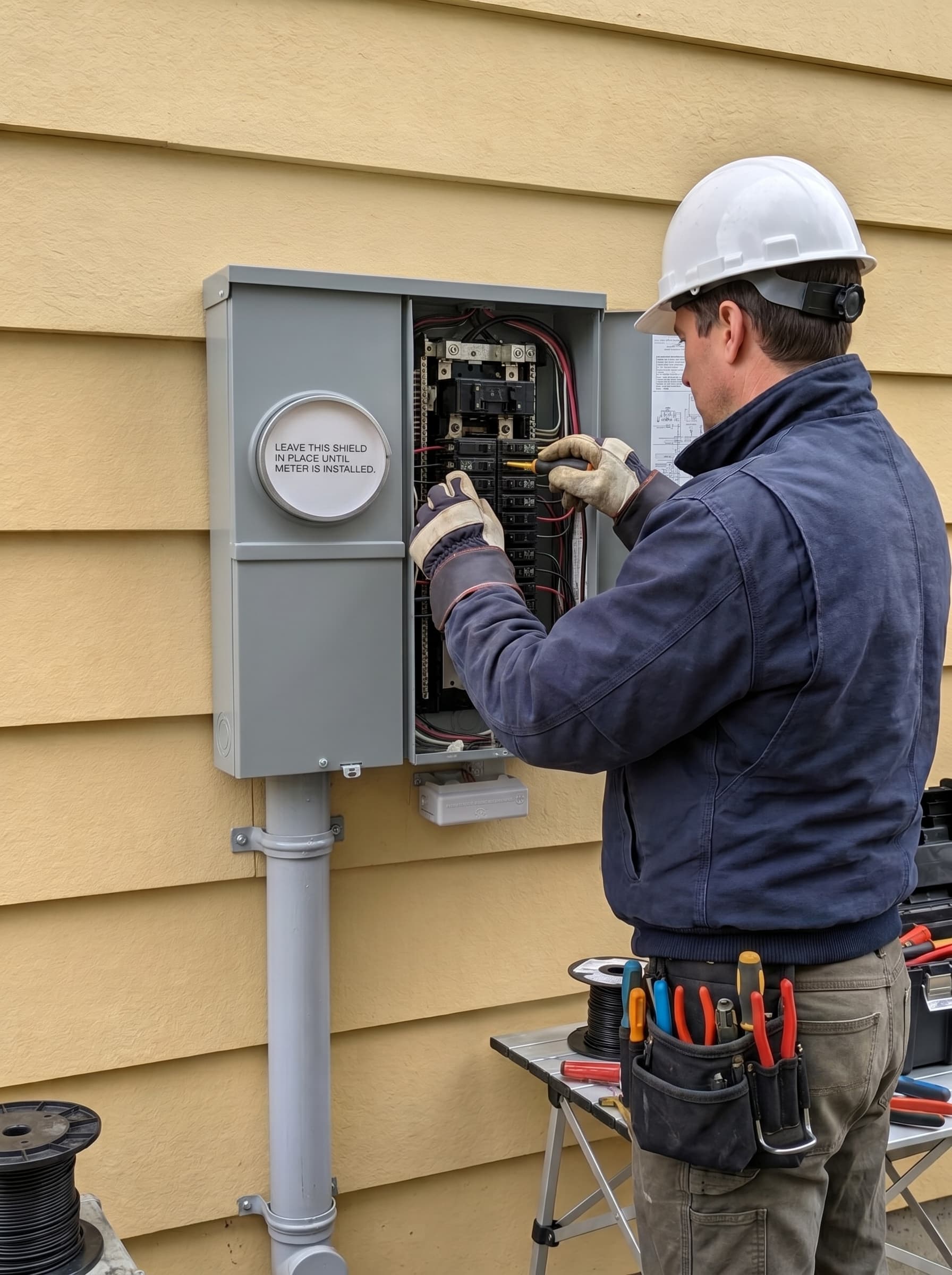 Electrician in a hard hat and gloves works on an open outdoor electrical breaker box.