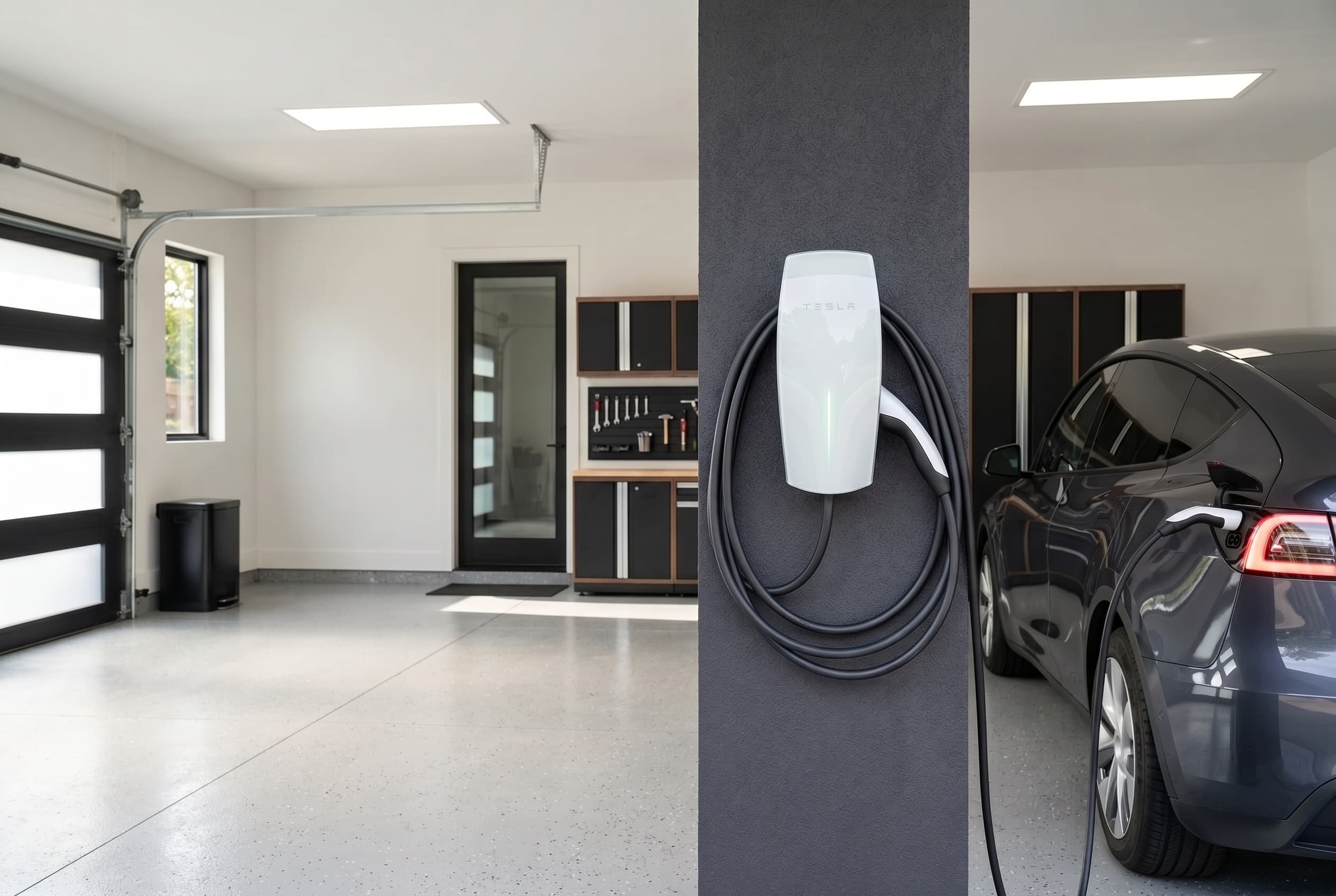 Tesla Wall Connector on a pillar charging a grey electric car in a modern garage.
