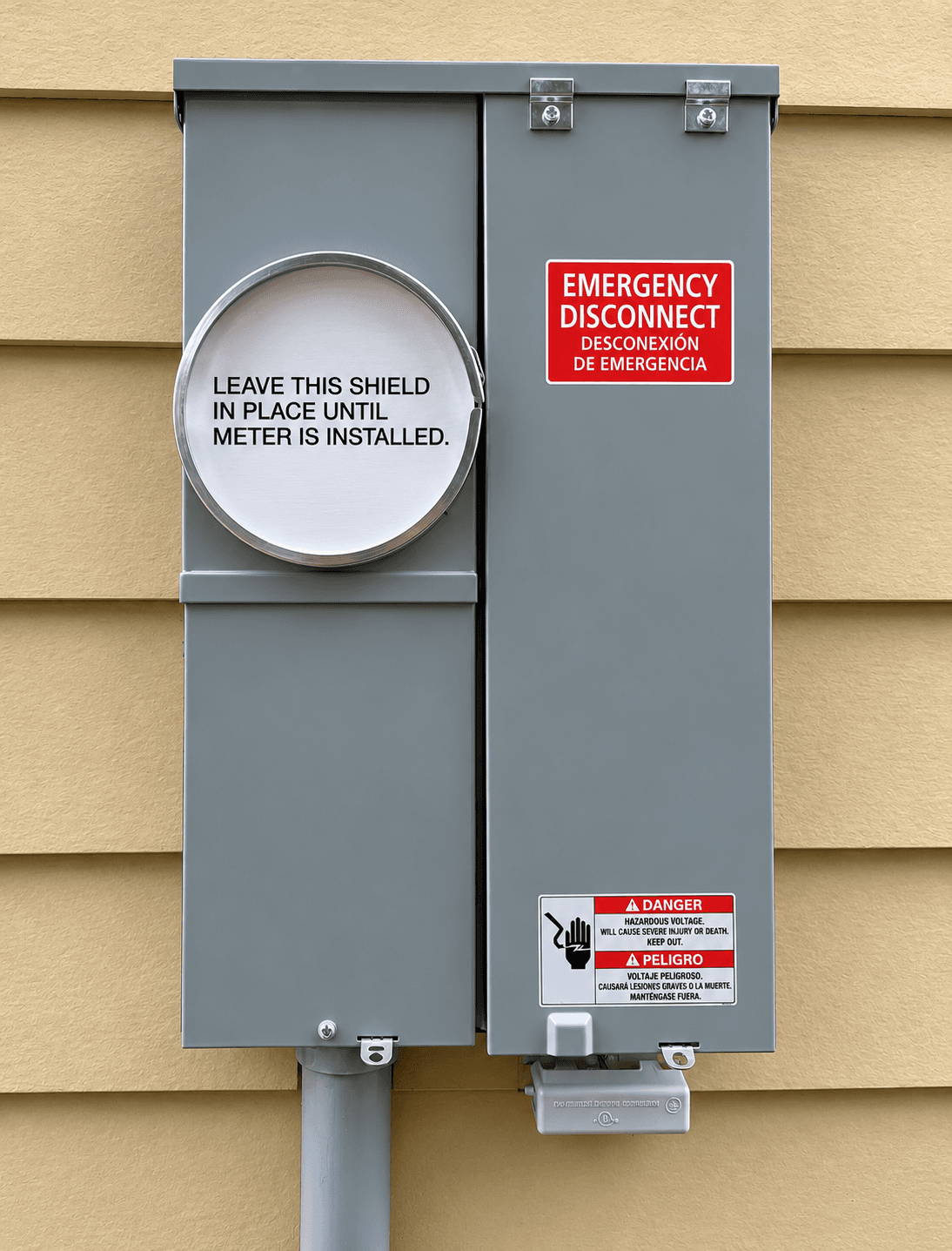 Grey electrical box on tan siding with a white shield and emergency disconnect signs.
